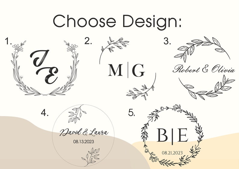 K&ouml;nnte beinhalten: F&uuml;nf verschiedene Designs f&uuml;r einen personalisierten Kranz mit floralem Motiv. Die Designs beinhalten Initialen, Namen und Daten. Die Kr&auml;nze sind schwarzwei&szlig;.