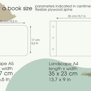 May include: Diagram showing two landscape book sizes, A5 and A4, with dimensions in inches and centimeters. The A5 book is 10.2 x 6.6 inches (26 x 17 cm), and the A4 book is 13.7 x 9 inches (35 x 23 cm). The text reads "Select a book size."