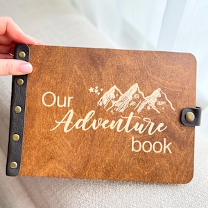 Wooden Adventure Book - Engraved Photo album - Travel Scrapbook, Anniversary Gift for her, Gift for Couples, hiking. Gift for boyfriend