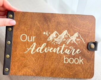 Wooden Adventure Book - Engraved Photo album - Travel Scrapbook, Anniversary Gift for her, Gift for Couples, hiking. Gift for boyfriend