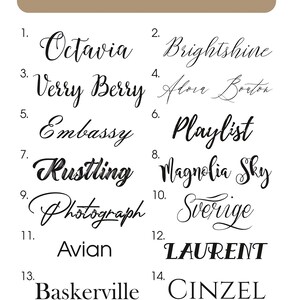 K&ouml;nnte beinhalten: Eine Liste von 14 verschiedenen Schriftarten zum Gravieren. Die Schriftarten werden in schwarzem Text auf wei&szlig;em Hintergrund angezeigt. Der Text "Choose font style" befindet sich oben im Bild. Der Text "write your phrase for engraving" befindet sich unten im Bild.