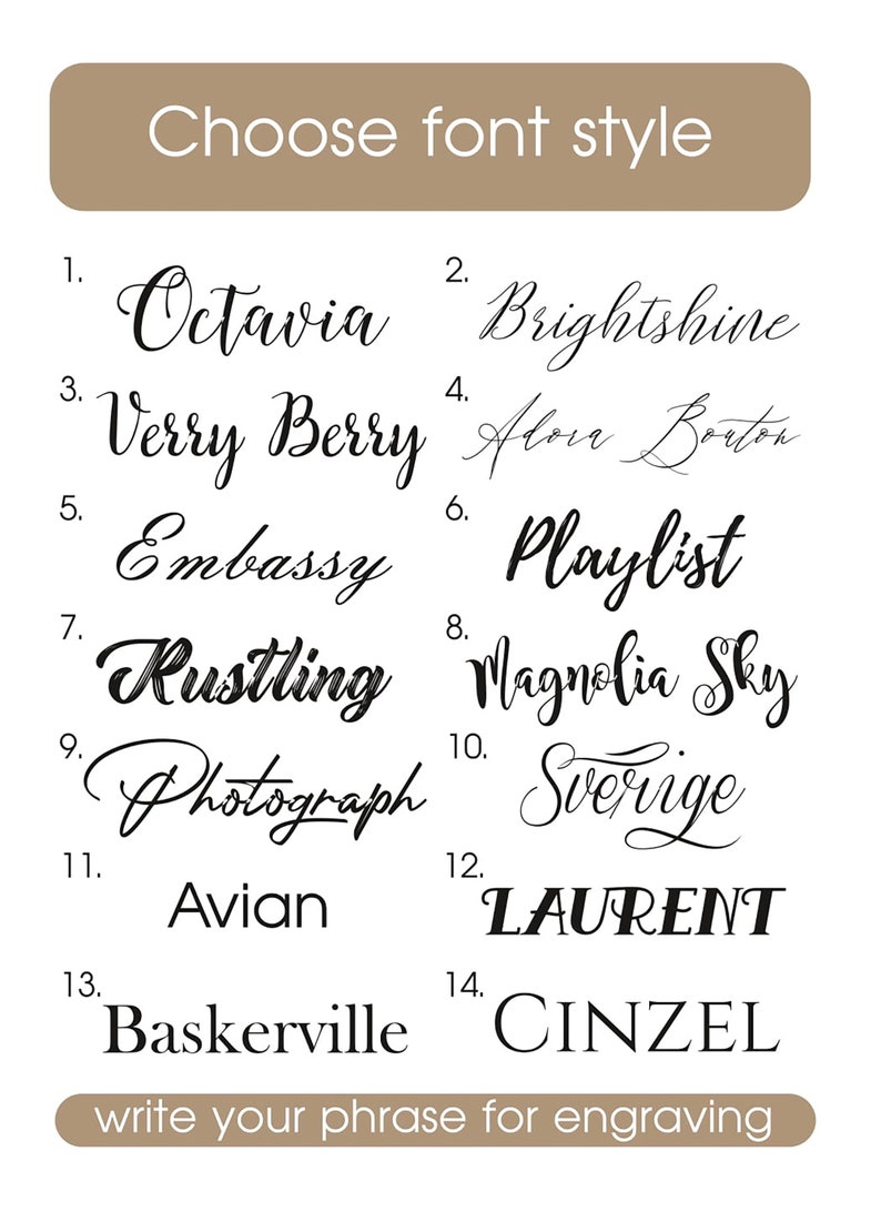 K&ouml;nnte beinhalten: Eine Liste von 14 verschiedenen Schriftarten zum Gravieren. Die Schriftarten werden in schwarzem Text auf wei&szlig;em Hintergrund angezeigt. Der Text "Choose font style" befindet sich oben im Bild. Der Text "write your phrase for engraving" befindet sich unten im Bild.
