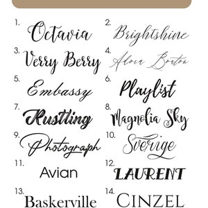 May include: A list of 14 different font styles for engraving. The font styles are shown in black text on a white background. The text "Choose font style" is at the top of the image. The text "write your phrase for engraving" is at the bottom of the image.