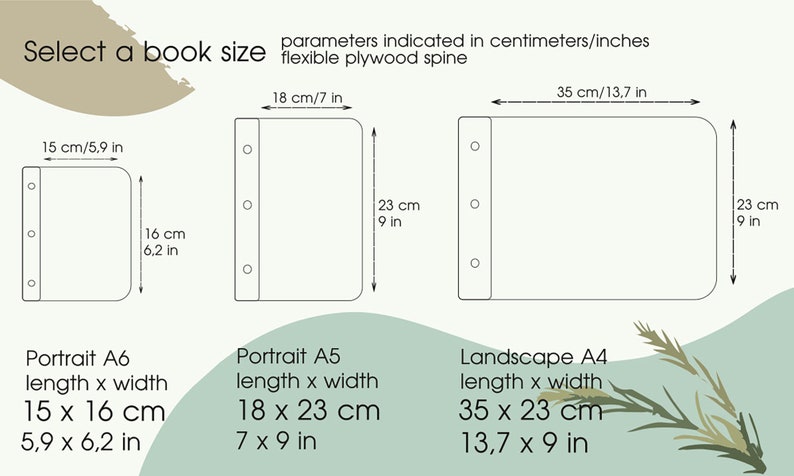 May include: Diagram showing three different book sizes with measurements in inches and centimetres. The book sizes are Portrait A6, Portrait A5, and Landscape A4. The book sizes are shown with a flexible plywood spine.