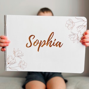 Personalized Wooden Photo Album – Custom Name Scrapbook for Baby, Family Memories, New born album, Kids Art Book, Birthday gift for baby