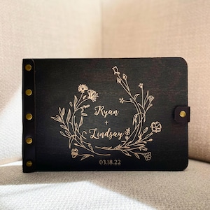 Personalized Wedding Guest Book – Wooden Guestbook Alternative with Names – Custom Rustic Wedding Sign-In Album – Floral Engraved Keepsake