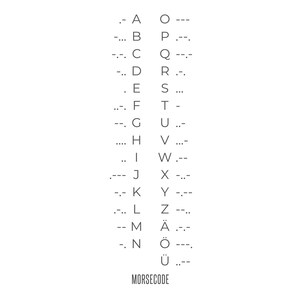 May include: A white graphic showing the Morse code alphabet, with each letter and its dot-dash equivalent. The word "MORSECODE" is printed at the bottom in a sans-serif font. The design is simple and clean, with a minimalist aesthetic.
