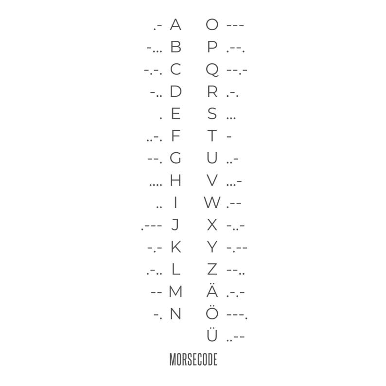 May include: A white graphic showing the Morse code alphabet, with each letter and its dot-dash equivalent. The word "MORSECODE" is printed at the bottom in a sans-serif font. The design is simple and clean, with a minimalist aesthetic.