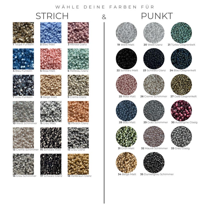 May include: A chart showing 35 different colors of seed beads. The beads are organized into two columns, labeled "Strich" and "Punkt". Each color has a name and a small sample of the beads.