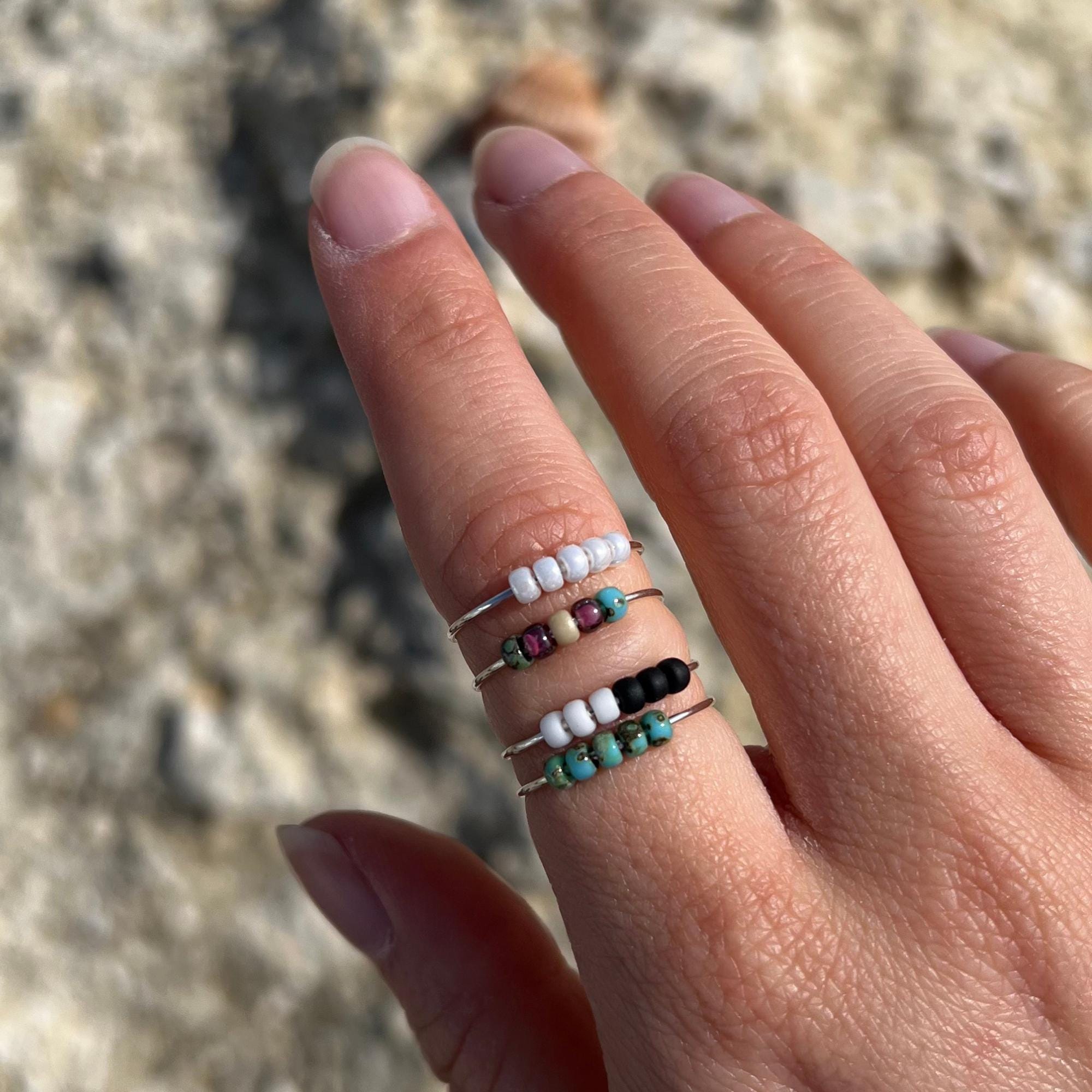 Anti-Anxiety Ring – Silver ring with glass beads, beaded ring for stress relief, anxiety ring, anti-stress ring, delicate silver ring, gift for her