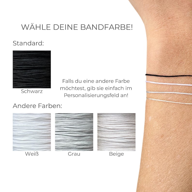 May include: Image displaying bracelet cord colour options. Text reads "W&Auml;HLE DEINE BANDFARBE!" (Choose your band colour!). Standard colour is black, with white, grey, and beige alternatives. Text advises to specify a different colour in the personalisation field.