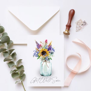 Get Well Soon NoteCard, Wild Flower Mason Jar imprimable A2 Note Card, téléchargement numérique avec modèle d'enveloppe imprimable GRATUIT