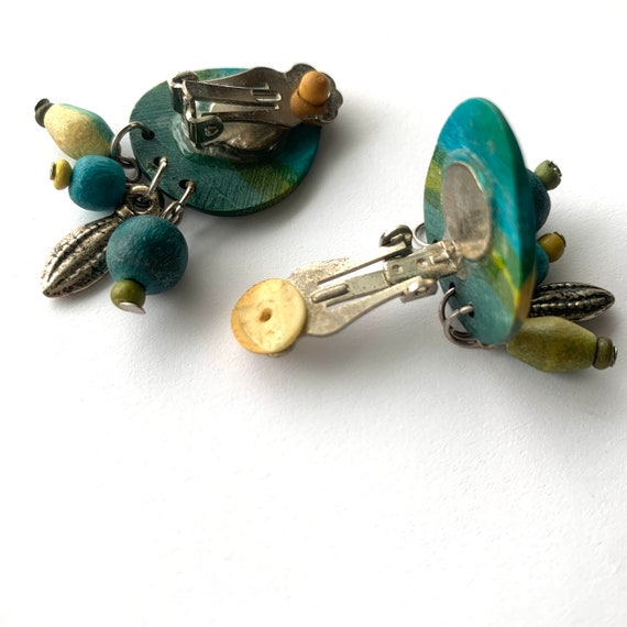 Vintage Turquoise Colored Earrings with Painted W… - image 4