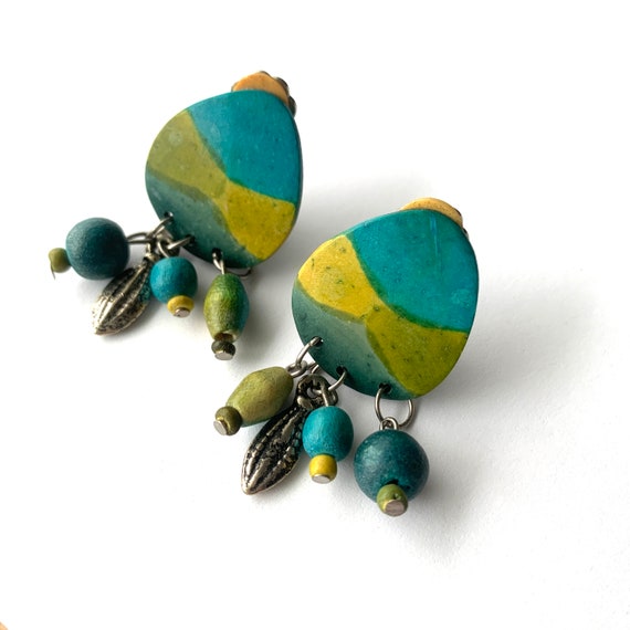 Vintage Turquoise Colored Earrings with Painted W… - image 1