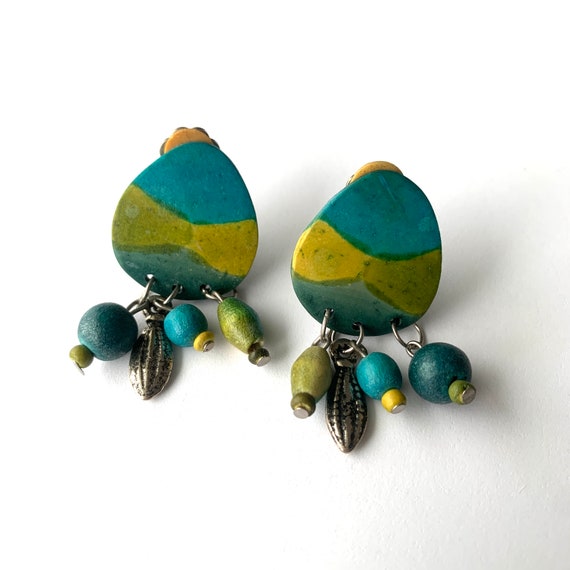 Vintage Turquoise Colored Earrings with Painted W… - image 7