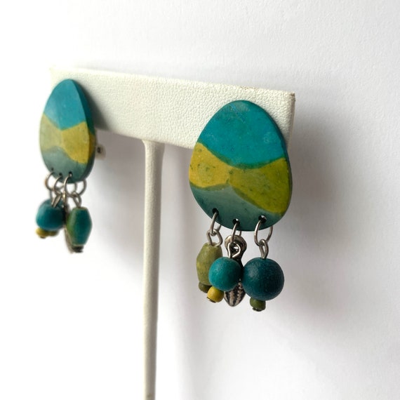 Vintage Turquoise Colored Earrings with Painted W… - image 2