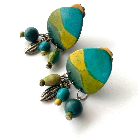 Vintage Turquoise Colored Earrings with Painted W… - image 6