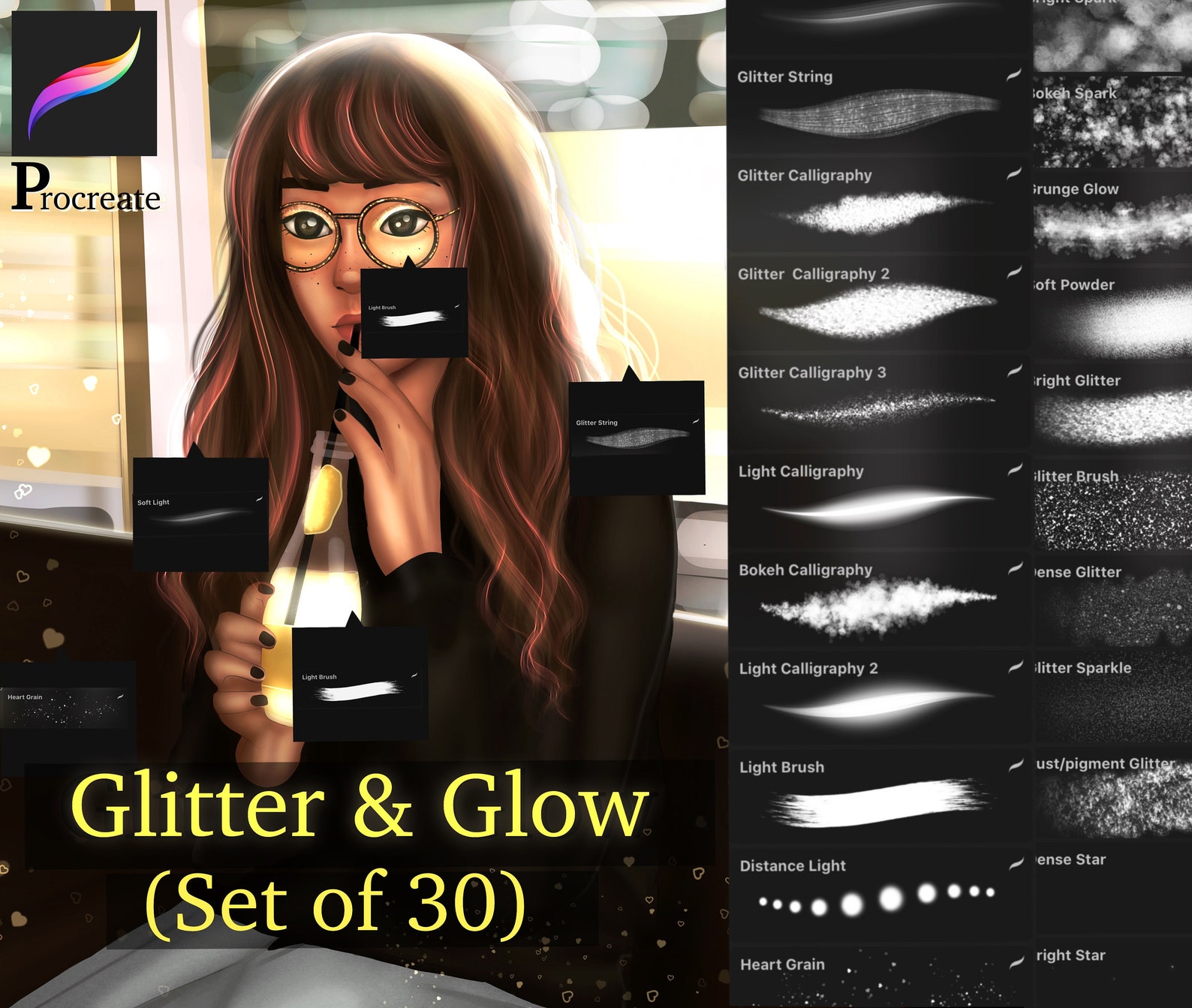 Procreate glitter & Glow brush set set of 30 glitter Etsy