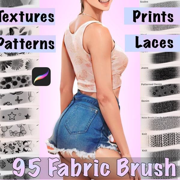 Procreate fabric brush set (95 brushes). laces, seamless patterns, textures, prints brushes. Fashion textile brushes, clothes, detailing.