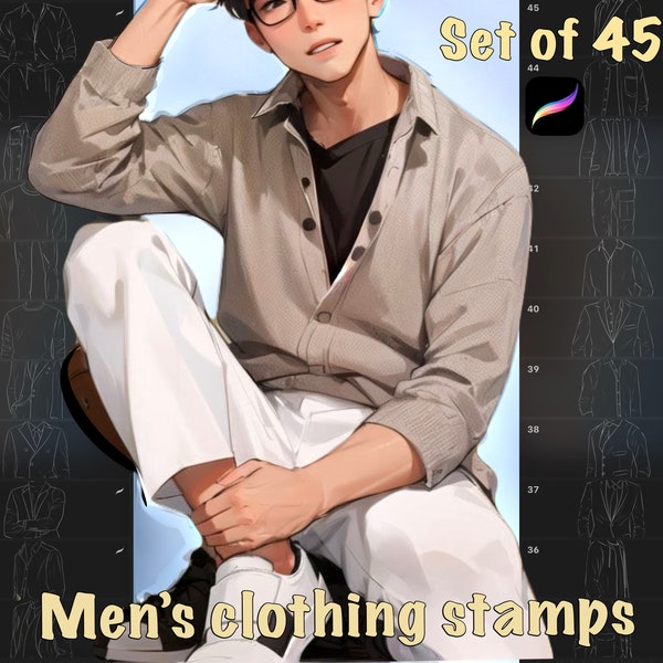 Men's clothing stamp for Procreate (45 brushes), coat, shirt, shorts brushes, male pose , template for portrait.