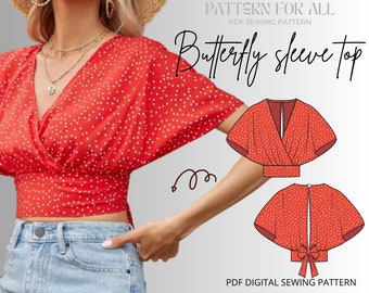 Tie back crop blouse Butterfly sleeve top|Top sewing pattern for women|9 sizes|digital sewing pattern open back top|printable sewing pattern