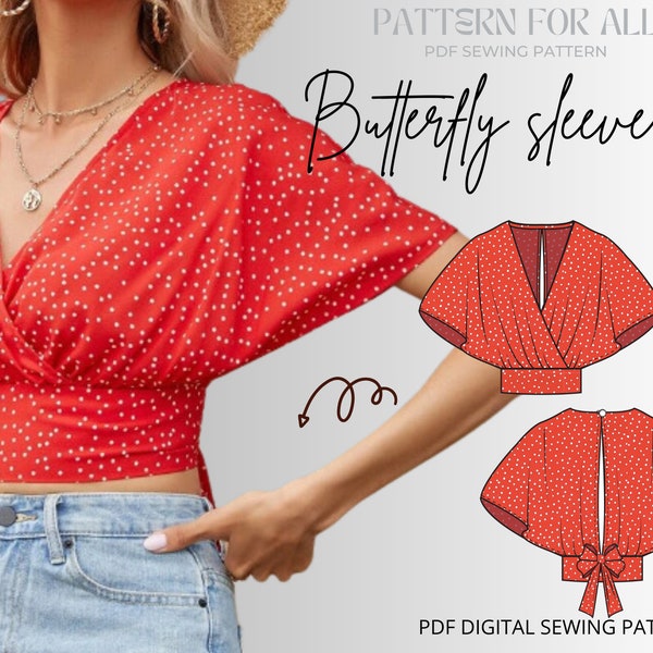 Tie back crop blouse Butterfly sleeve top|Top sewing pattern for women|9 sizes|digital sewing pattern open back top|printable sewing pattern