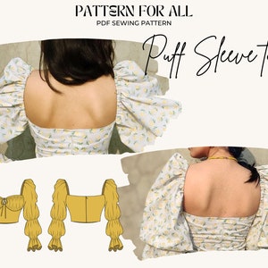 May include: A sewing pattern for a puff sleeve top. The pattern includes instructions for making a fitted top with a square neckline and long, puffy sleeves. The pattern is shown on a model wearing a white top with a floral print.