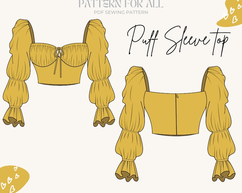 May include: A digital sewing pattern for a yellow puff sleeve crop top. The pattern includes instructions for making a top with a square neckline, a fitted bodice, and long, puffy sleeves with ruffles at the cuffs. The text "Puff Sleeve Top" is written in black cursive.