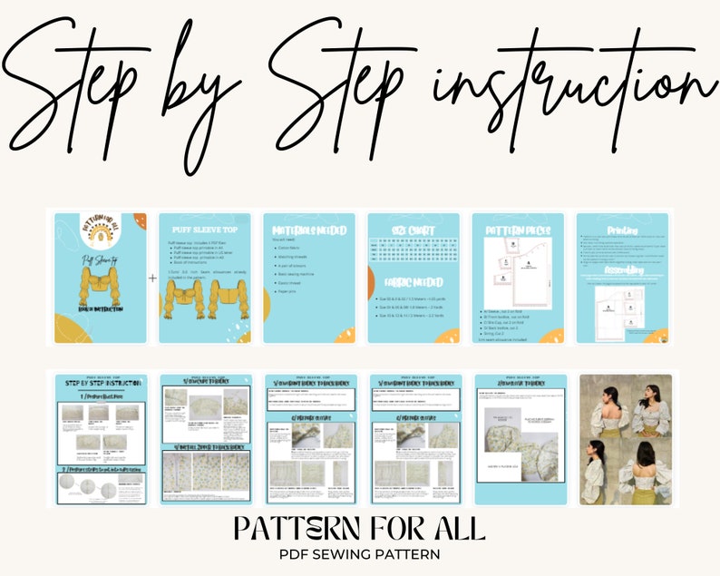 May include: A digital sewing pattern for a puff sleeve top. The pattern includes instructions, fabric requirements, and a step-by-step guide. The pattern is available in PDF format and is designed for all skill levels. The image shows a digital download of the pattern, with a preview of the finished garment.