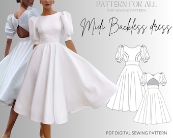 Patrón de costura para vestido midi sin espalda para mujer (patrón PDF)