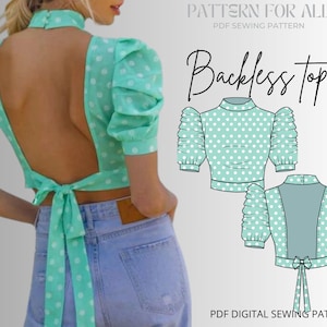 May include: A PDF sewing pattern for a sleeveless, polka dot top with a tie back. The pattern is called "Backless Top" and is available as a digital download.