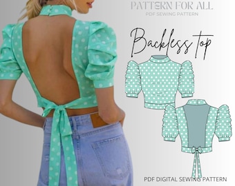 Backless Crop Top Sewing Pattern – Puffy Sleeves, Tie-Back (PDF Pattern)
