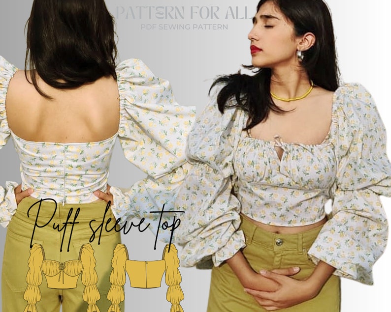 May include: A white puff sleeve top with a floral print. The top has a square neckline and a gathered detail at the neckline. The sleeves are gathered at the shoulders and have a puff shape. The top is cropped and has a fitted bodice.
