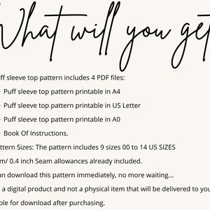 May include: A digital download for a puff sleeve top sewing pattern. The pattern includes 4 PDF files for printing in different sizes: A4, US Letter, and A0. It also includes a book of instructions. The pattern includes 9 sizes from 00 to 14 US sizes. Seam allowances of 1 cm or 0.4 inches are already included.