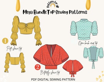 Sewing pattern bundle |puff sleeve top+ butterfly sleeve top+ open back crop top |pdf sewing patterns for women |top sewing pattern