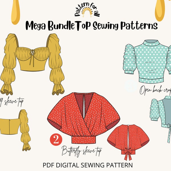 Sewing pattern bundle |puff sleeve top+ butterfly sleeve top+ open back crop top |pdf sewing patterns for women |top sewing pattern