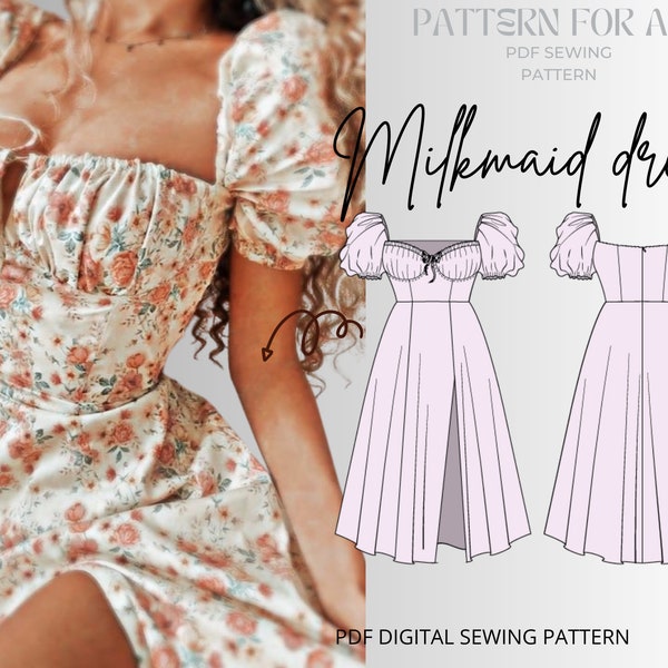 Milkmaid dress sewing pattern| PDF digital sewing pattern|XXS to XXL| Cottagecore dress sewing pattern| Dress pattern