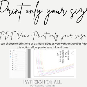 May include: A PDF sewing pattern for a garment with multiple size options. The pattern includes instructions to print only the size needed, saving ink and time. The text on the pattern reads "Boobs Part Cut 4", "2 set for the left", and "2 set for the right".