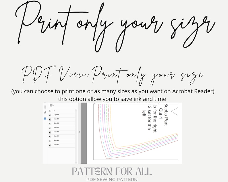 May include: A PDF sewing pattern for a garment with multiple size options. The pattern includes instructions to print only the size needed, saving ink and time. The text on the pattern reads "Boobs Part Cut 4", "2 set for the left", and "2 set for the right".