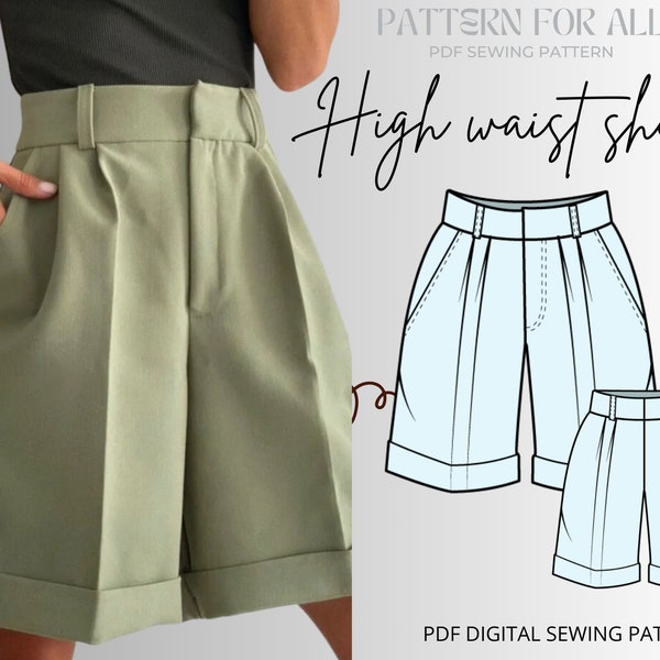 UPDATED Wide Pleated Shorts High Waisted|Digital PDF Sewing Pattern|women sewing pattern 10 SIZES xxs to xxl