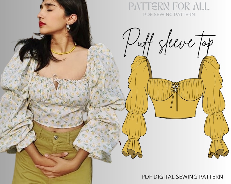 May include: A digital sewing pattern for a puff sleeve top. The pattern includes a line drawing of the top with a square neckline, a fitted bodice, and long, puffy sleeves. The text "Puff Sleeve Top" is written in a decorative font above the drawing. The text "PDF Sewing Pattern" is written below the drawing.