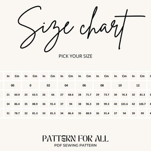 May include: Size chart for clothing with measurements in inches and centimeters. The chart includes sizes US 00 to 14, with measurements for waist, hip, and bust.