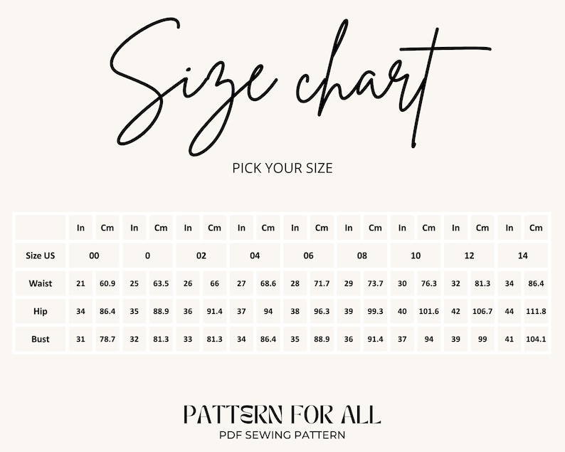 May include: Size chart for clothing with measurements in inches and centimeters. The chart includes sizes US 00 to 14, with measurements for waist, hip, and bust.