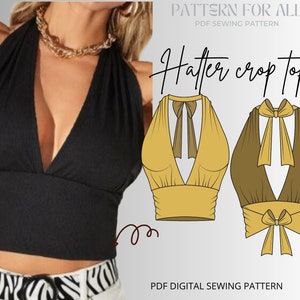 PDF Neckholder Crop Top Schnittmuster|Digitales Schnittmuster|US Größe 4-46|Damen Neckholder Top mit Ausschnitt in BH-Optik