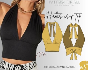 PDF Halter Crop Top Sewing Pattern|Digital sewing pattern|US Size 4 -16|Womens halter neck bralet style cropped-top, with tie back fastening