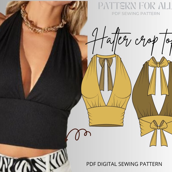 PDF Halter Crop Top Sewing Pattern|Digital sewing pattern|US Size 4 -16|Womens halter neck bralet style cropped-top, with tie back fastening