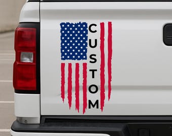 Calcomanía personalizada con la bandera estadounidense para portón trasero de camión: texto personalizado, vinilo de alta calidad resistente a la intemperie