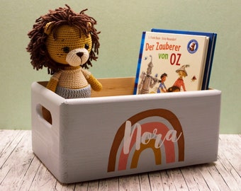 Bücherkiste S Grau aus Holz personalisiert, Spielzeugkiste, Deko Kinderzimmer, Aufbewahrung Spielzimmer, Kinderzimmerdekoration.