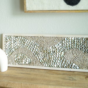 Minimalist Modern Coastal Wall Art Framed Cowrie Abalone Seashells On Wood Textured 32"-36" x12" Beach Hanging Beige Grey Silver