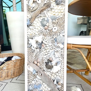 Handmade Coastal Wall Art 36x12&quot; Natural Driftwood Seashells Sea Urchins Coral Beach Lake House Décor Blue Grey White Sanibel Florida